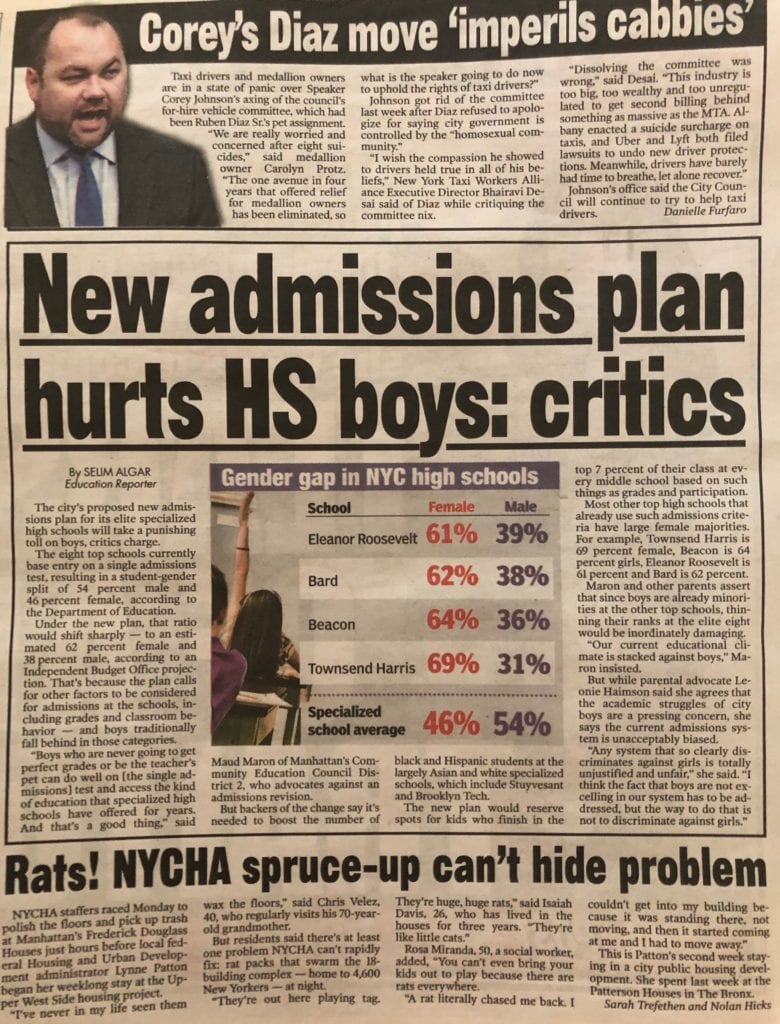 Newspaper clipping discussing high school admissions plan.